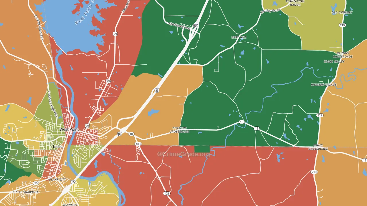 West Point, GA Map of Robbery Rates
