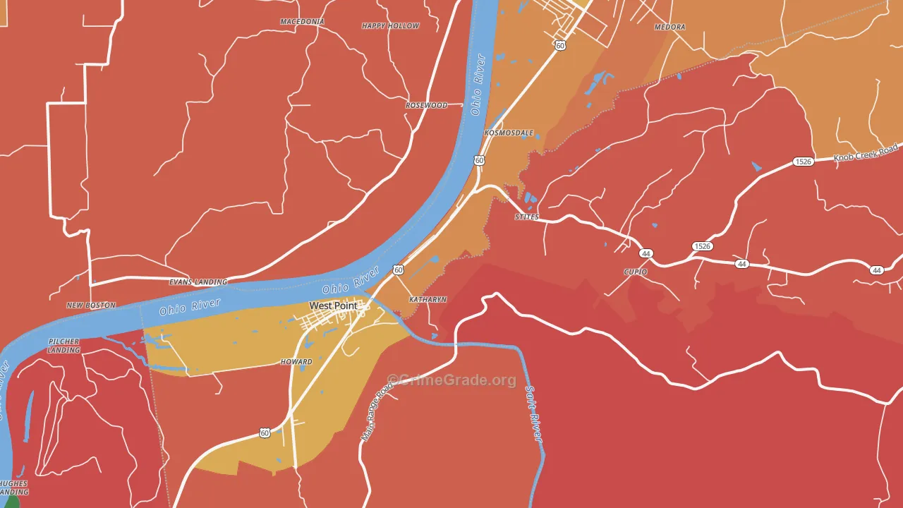West Point, KY Map of Robbery Rates