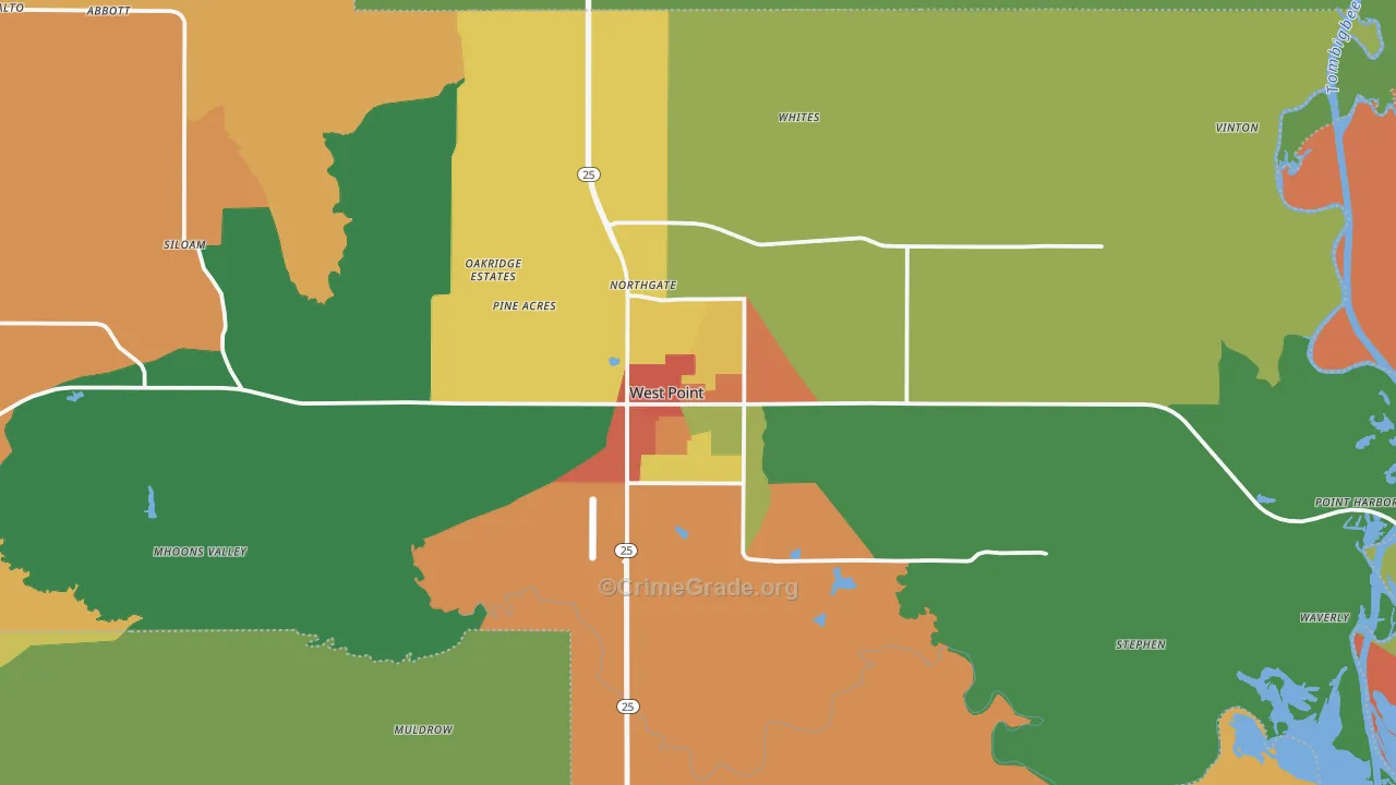 West Point, MS Map of Robbery Rates