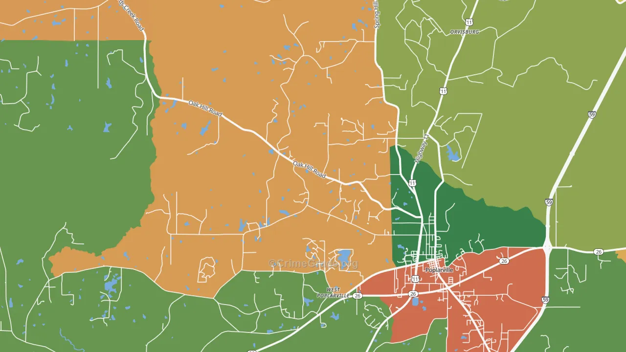 West Poplarville, MS Map of Robbery Rates
