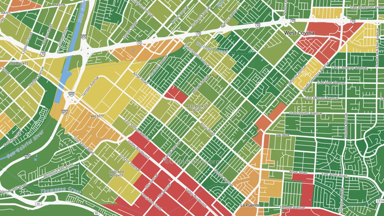 West Puente Valley, CA Map of Robbery Rates