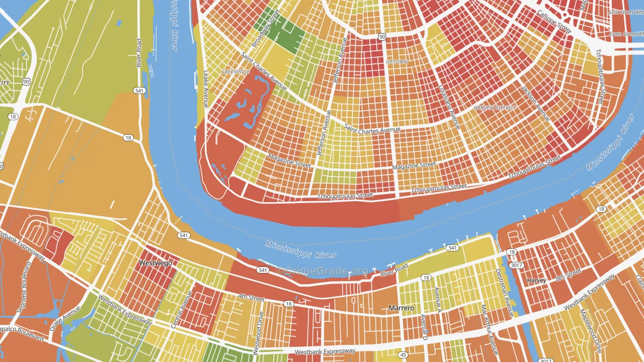 West Riverside, New Orleans, LA Map of Robbery Rates