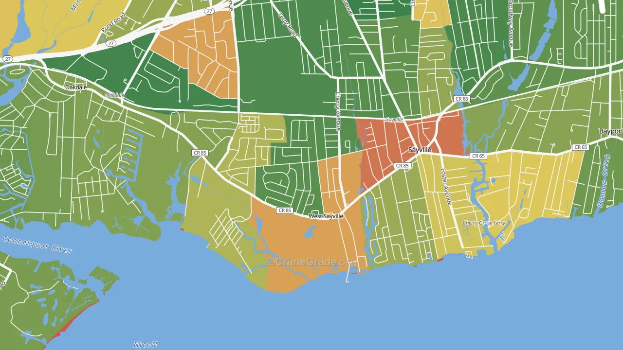 West Sayville, NY Map of Robbery Rates
