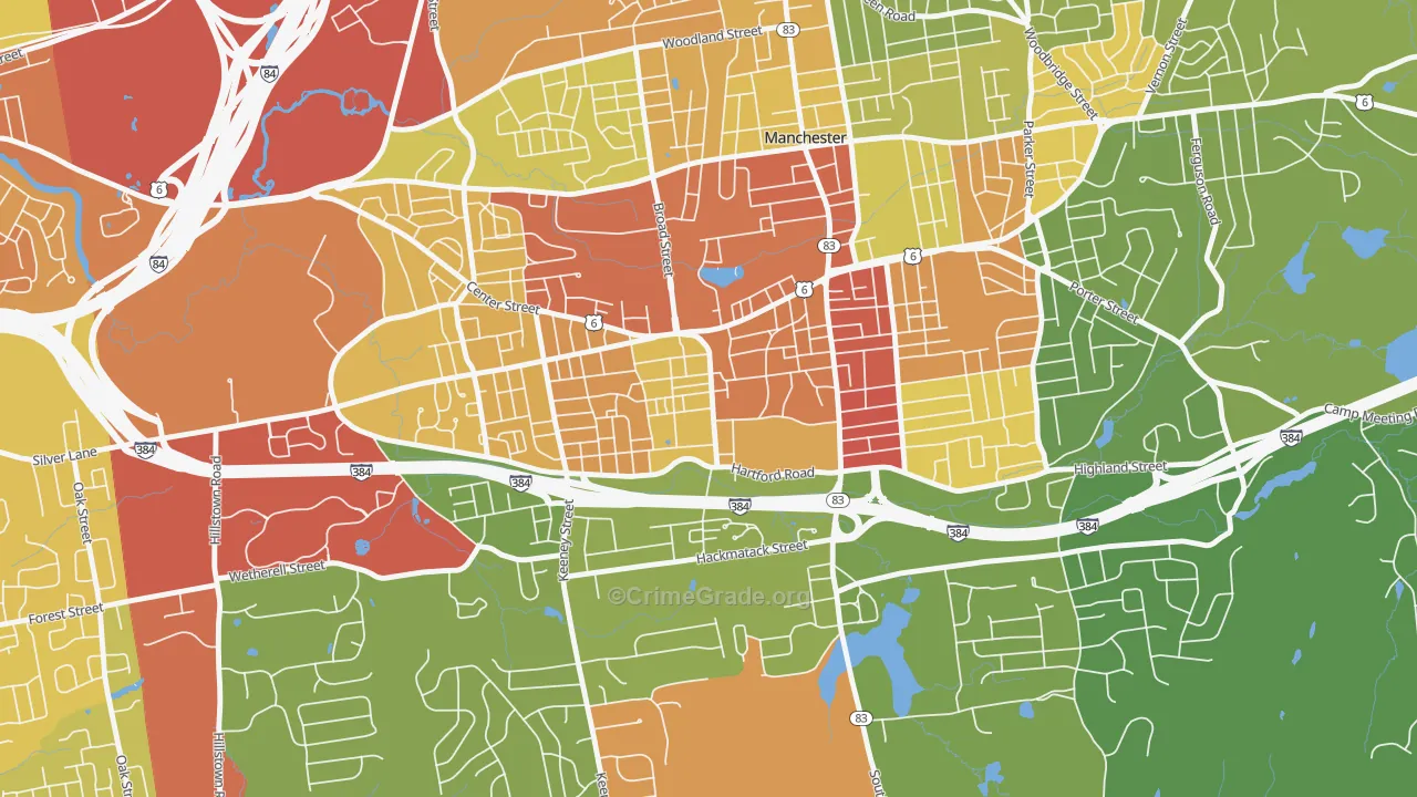 West Side Hartford, Manchester, CT Map of Robbery Rates