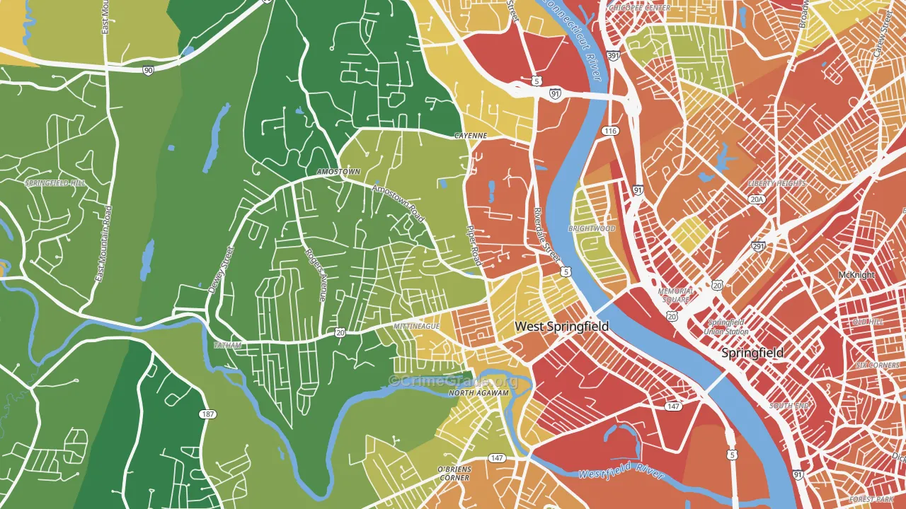 West Springfield Town, MA Map of Robbery Rates