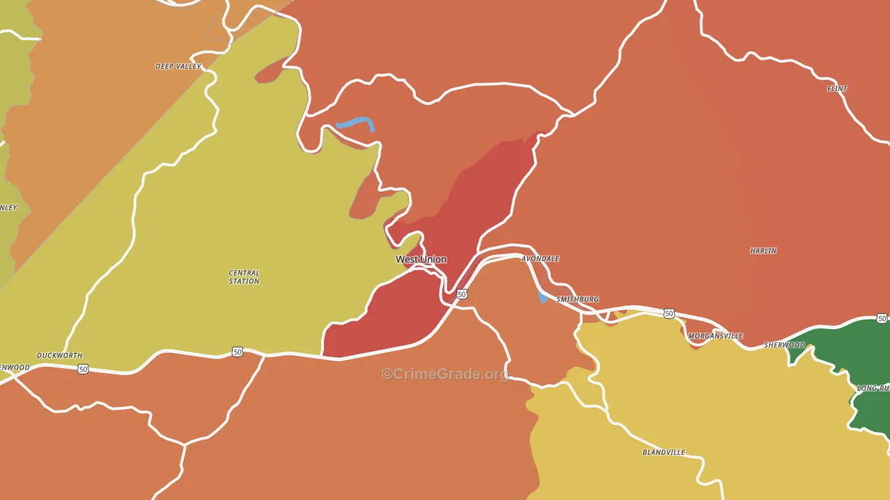 West Union, WV Map of Robbery Rates