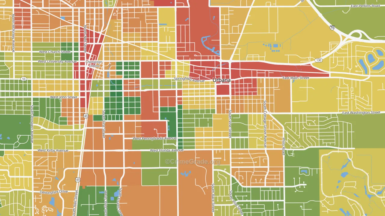 West Urbana, Urbana, IL Map of Robbery Rates