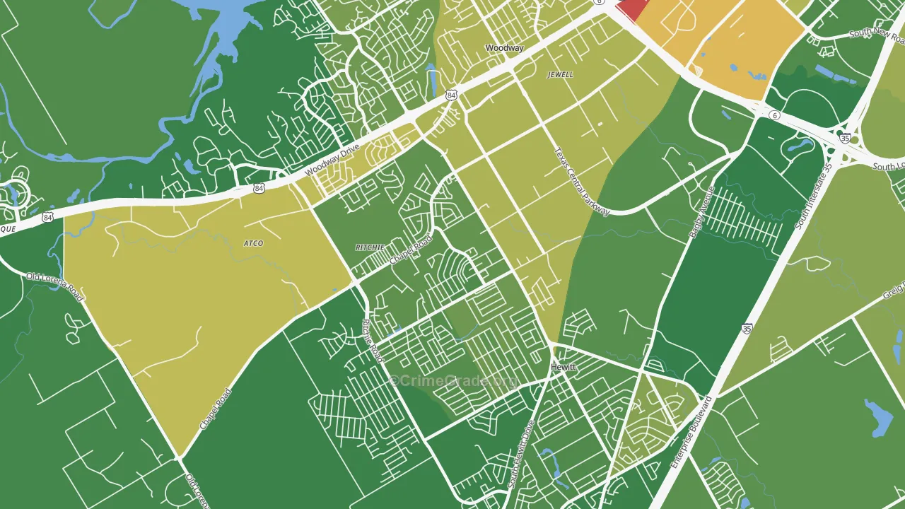 West Waco, Woodway, TX Map of Robbery Rates