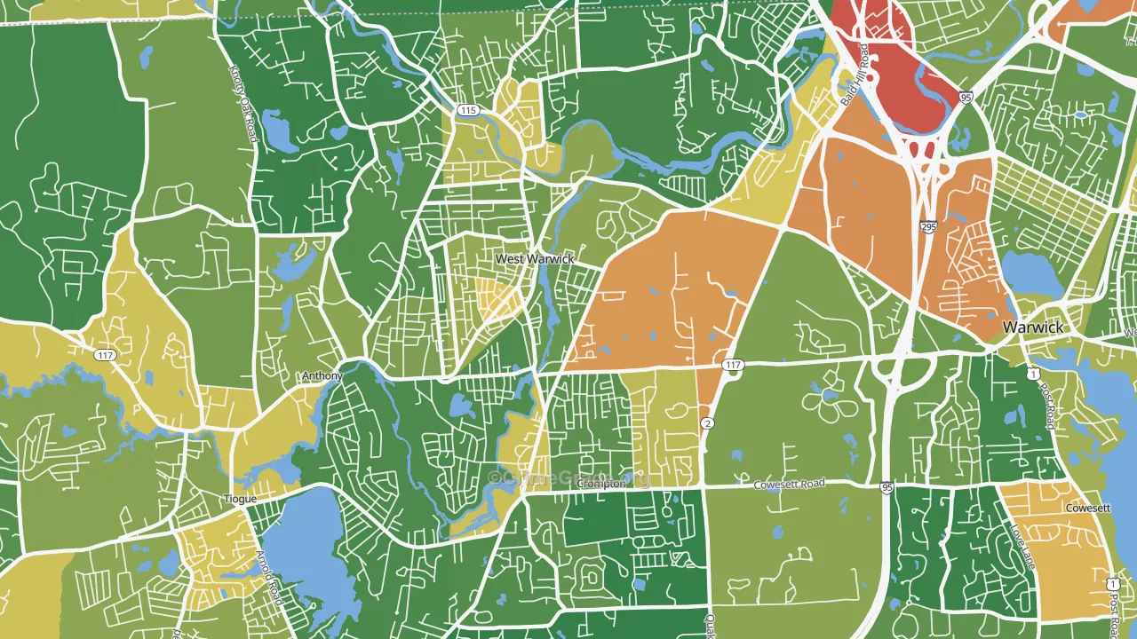 West Warwick, RI Map of Robbery Rates