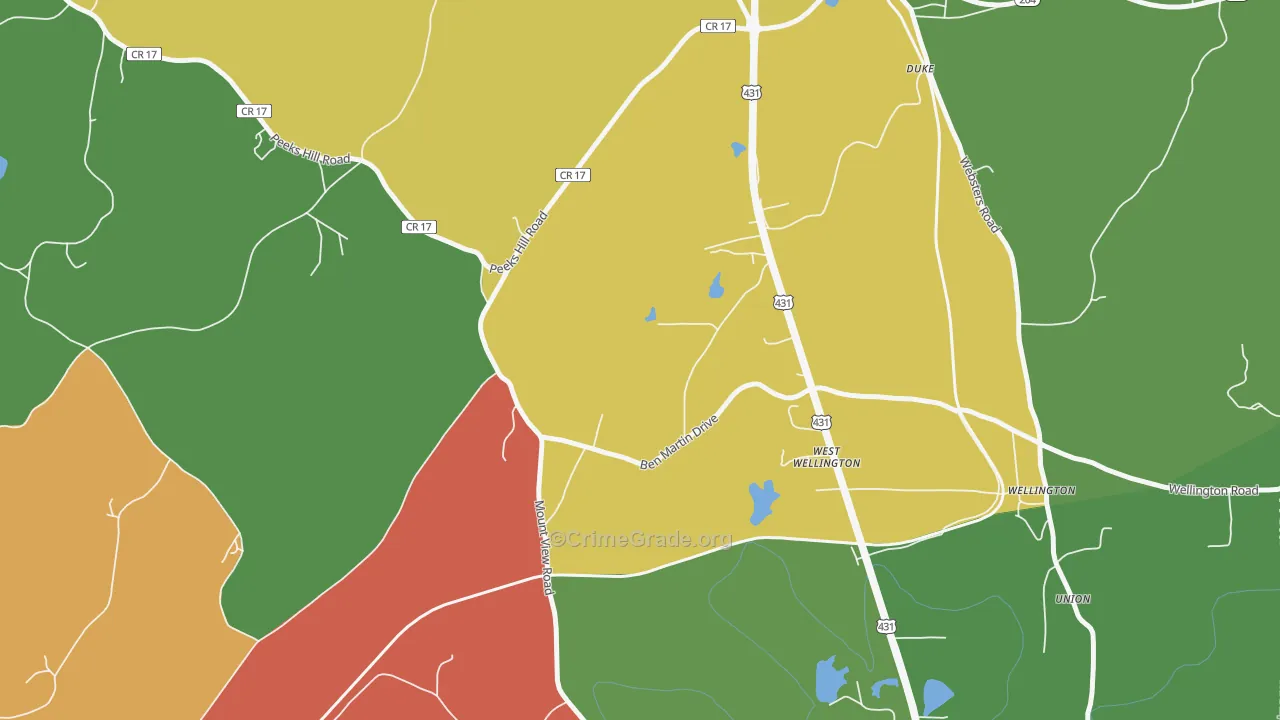 West Wellington, AL Map of Robbery Rates