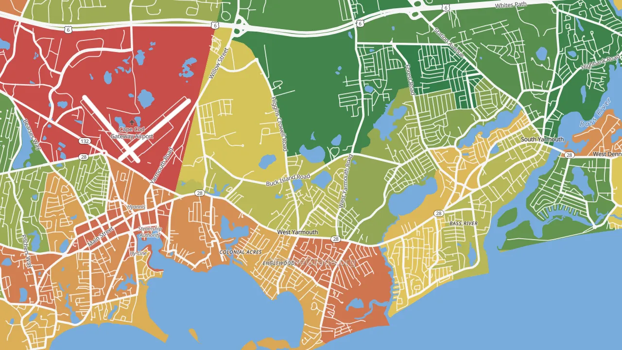 West Yarmouth, MA Map of Robbery Rates