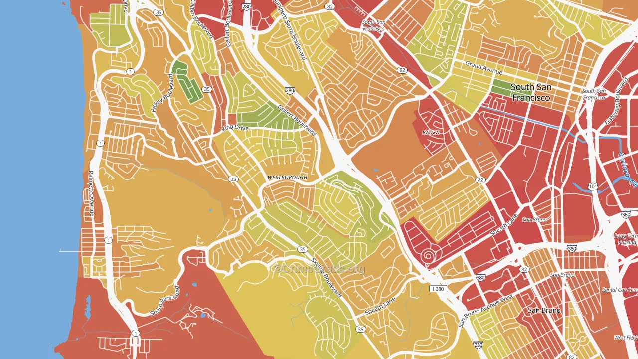Westborough, South San Francisco, CA Map of Robbery Rates