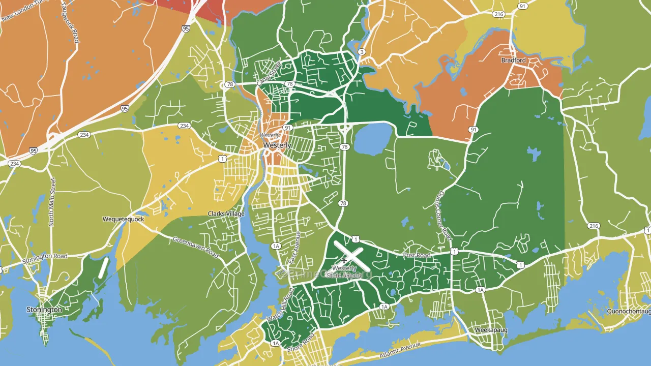 Westerly, RI Map of Robbery Rates