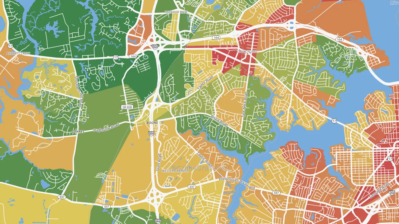 Western Branch North, Chesapeake, VA Map of Robbery Rates