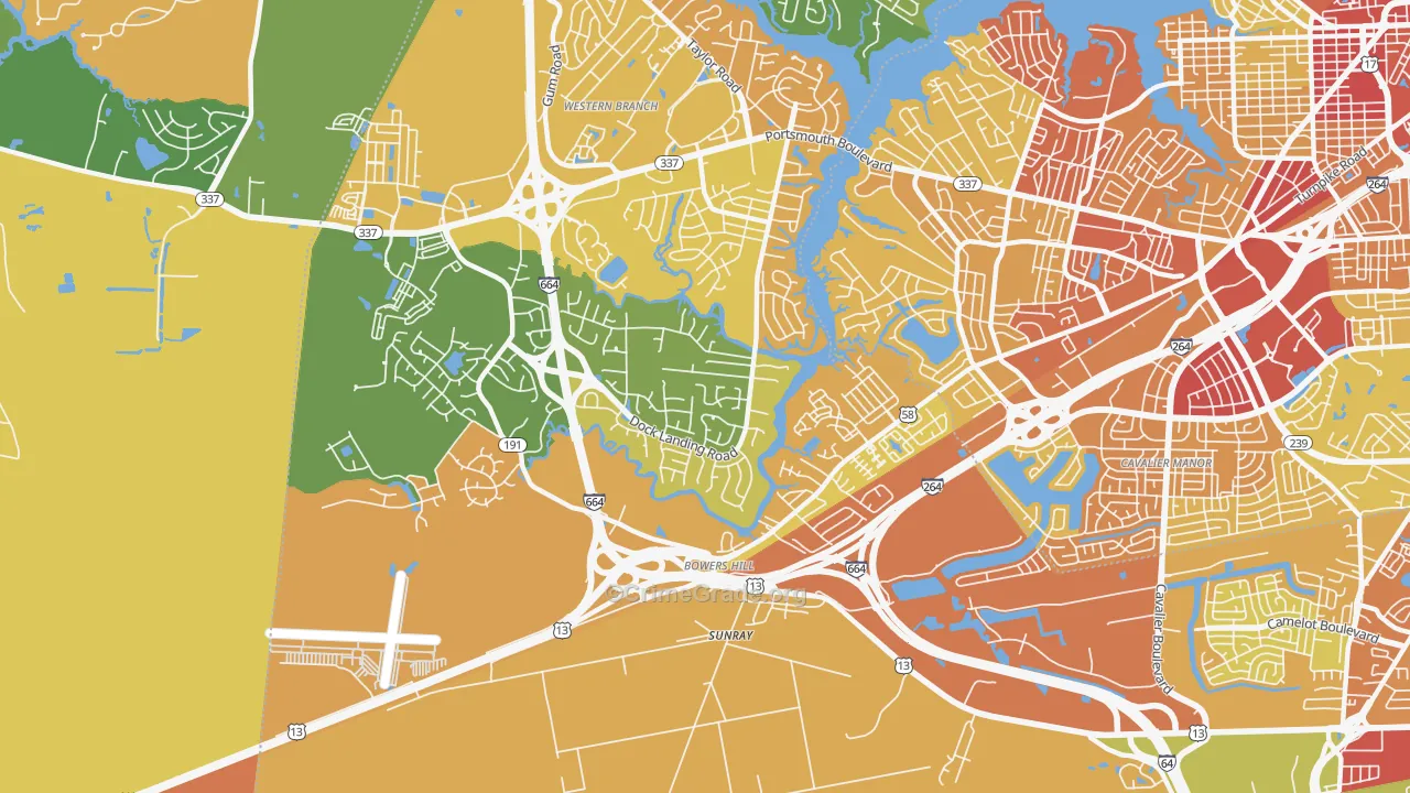 Western Branch South, Chesapeake, VA Map of Robbery Rates