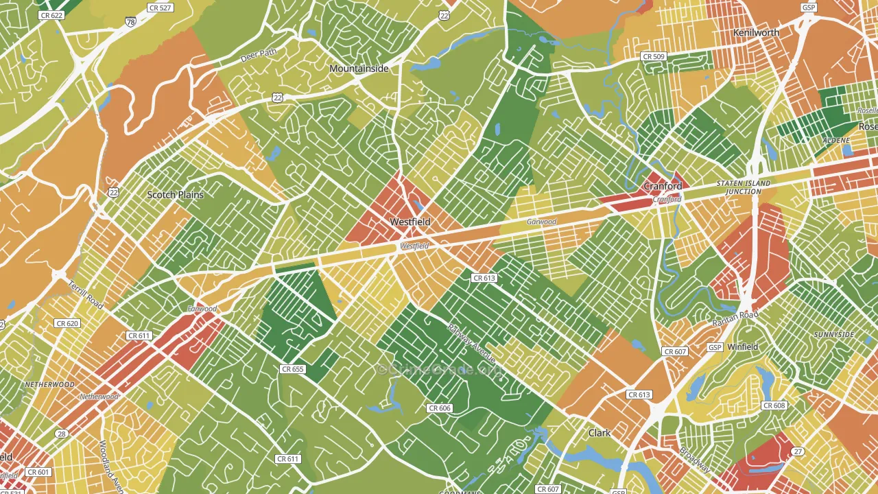 Westfield, NJ Map of Robbery Rates