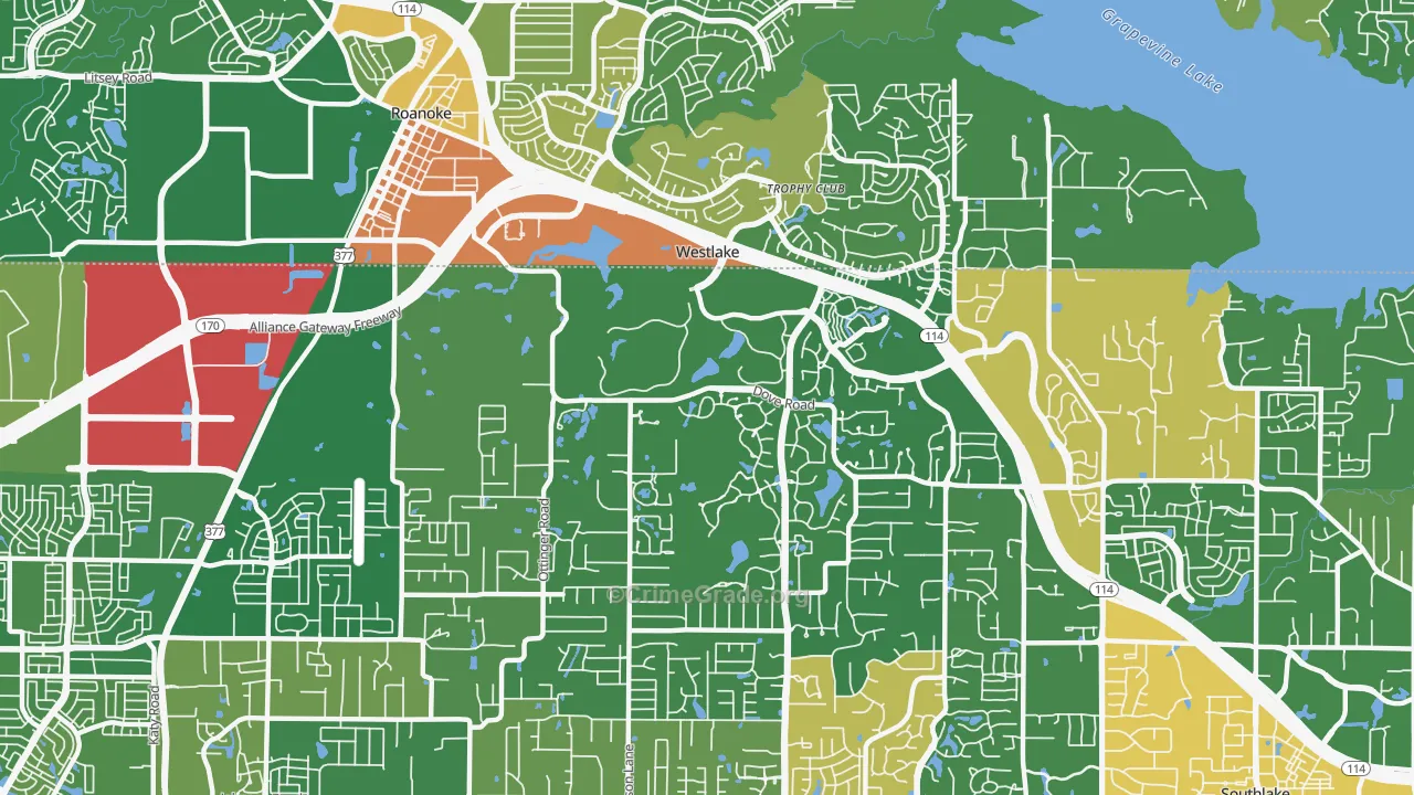Westlake, TX Map of Robbery Rates
