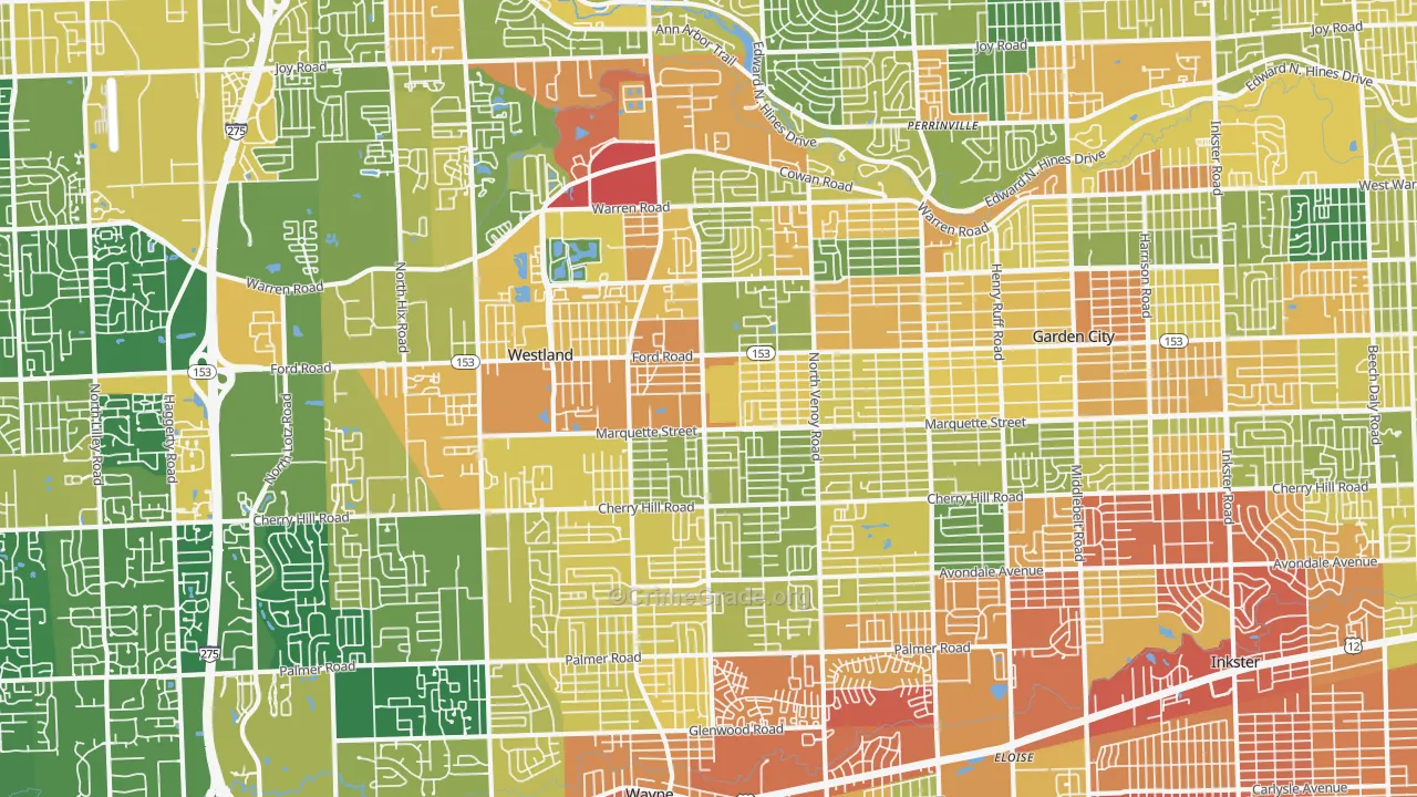 Westland, MI Map of Robbery Rates