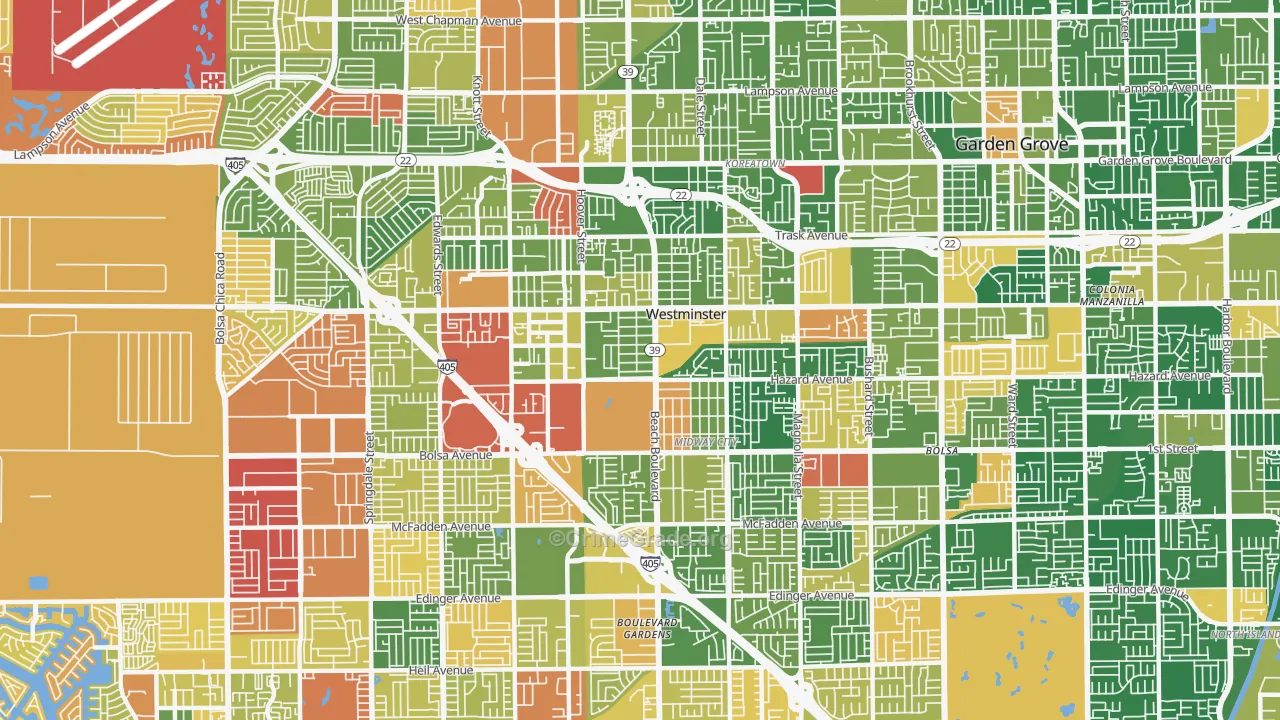 Westminster, CA Map of Robbery Rates