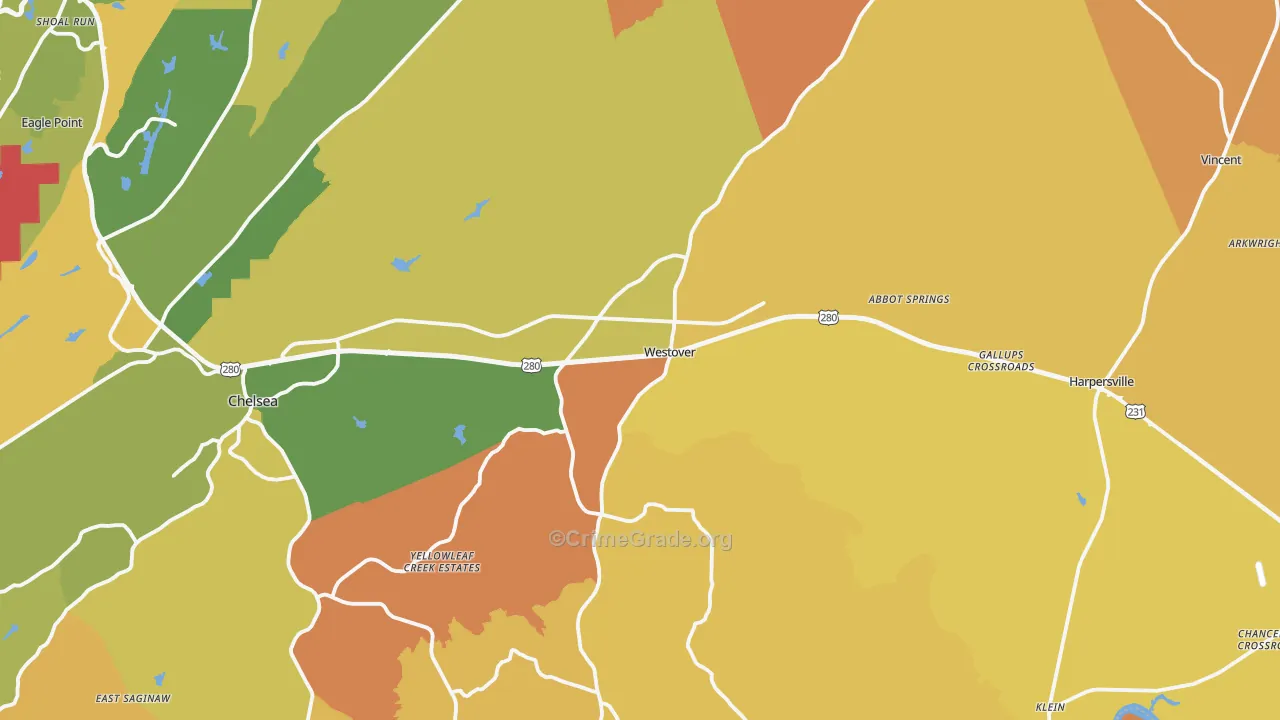 Westover, AL Map of Robbery Rates