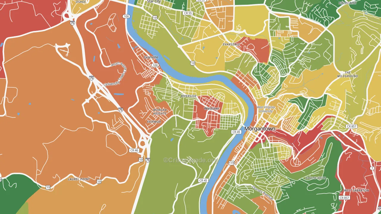Westover, WV Map of Robbery Rates