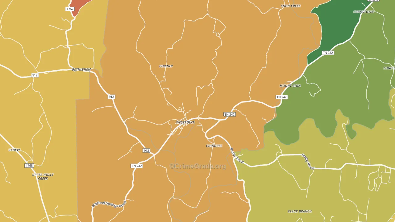 Westpoint, TN Map of Robbery Rates