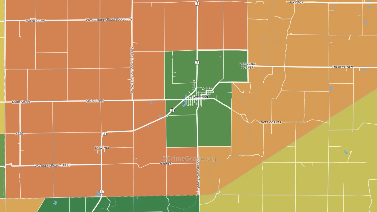 Westport, IN Map of Robbery Rates