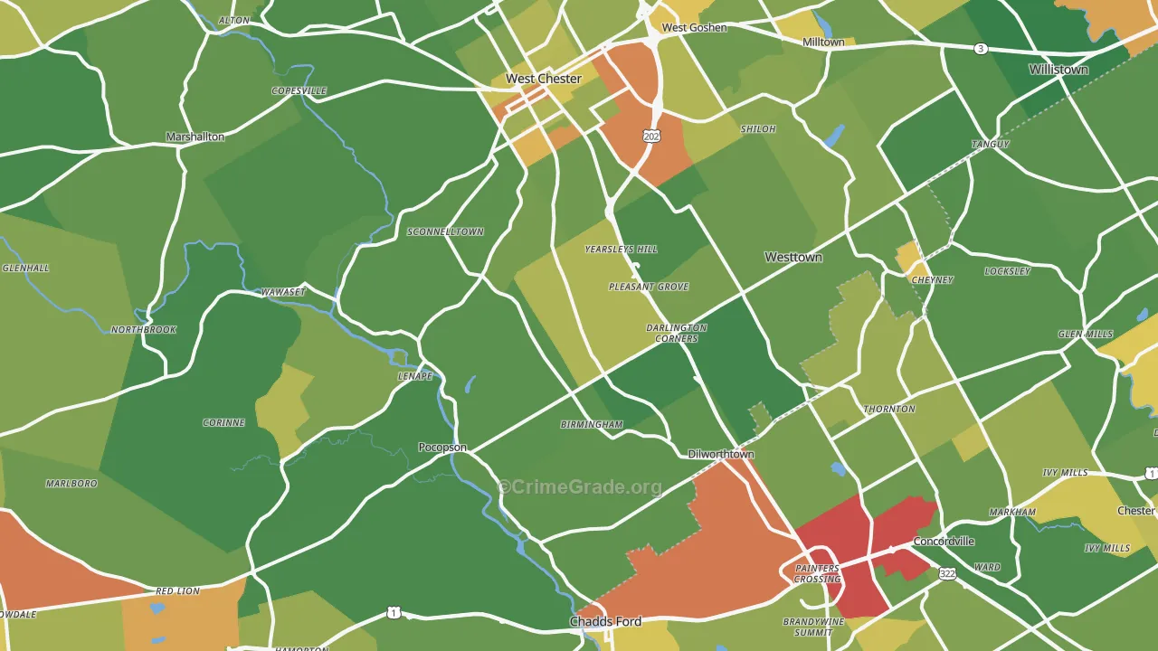 Westtown, PA Map of Robbery Rates