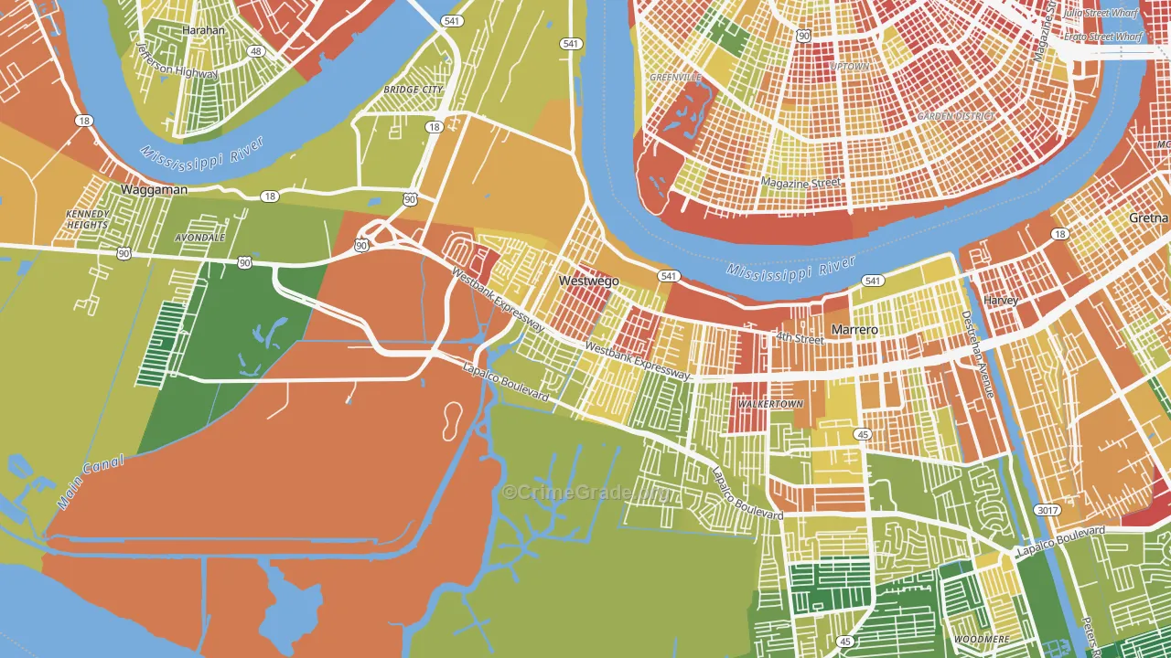 Westwego, LA Map of Robbery Rates