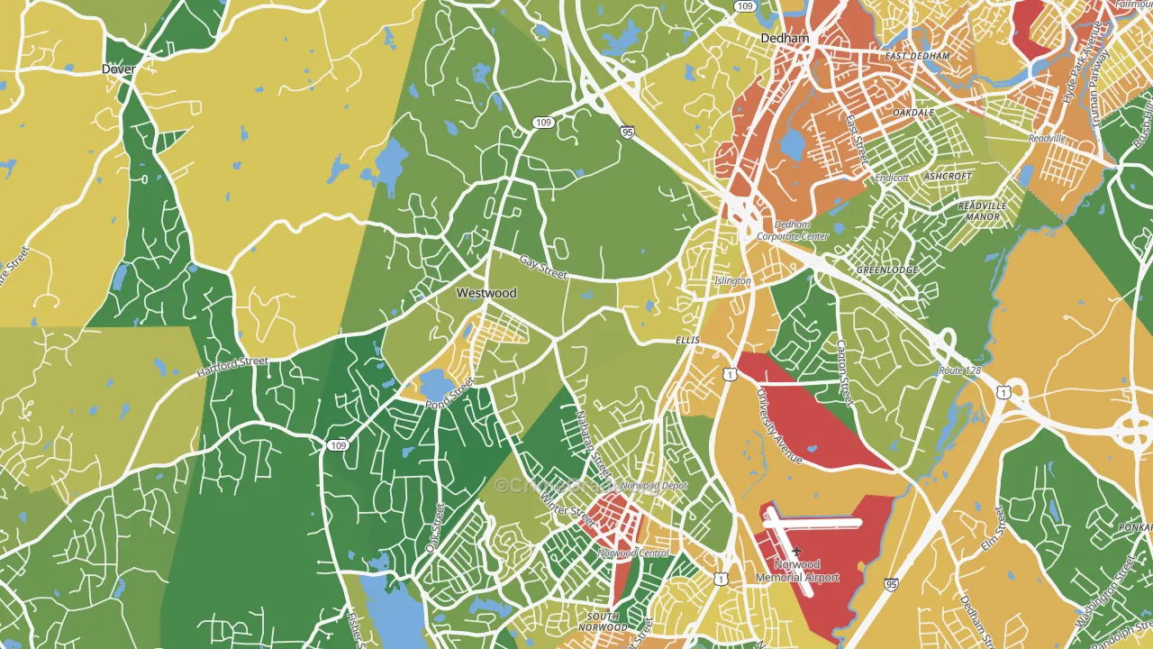 Westwood, MA Map of Robbery Rates