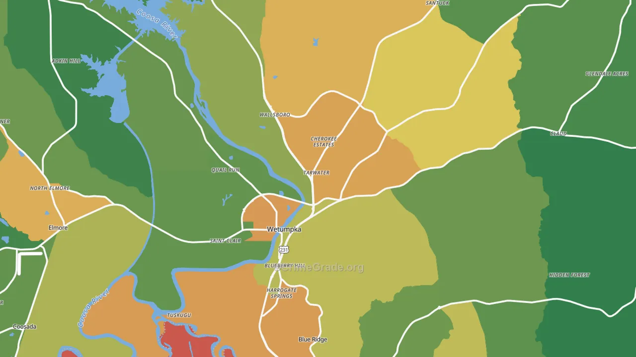 Wetumpka, AL Map of Robbery Rates