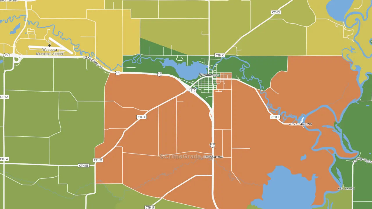Weyauwega, WI Map of Robbery Rates