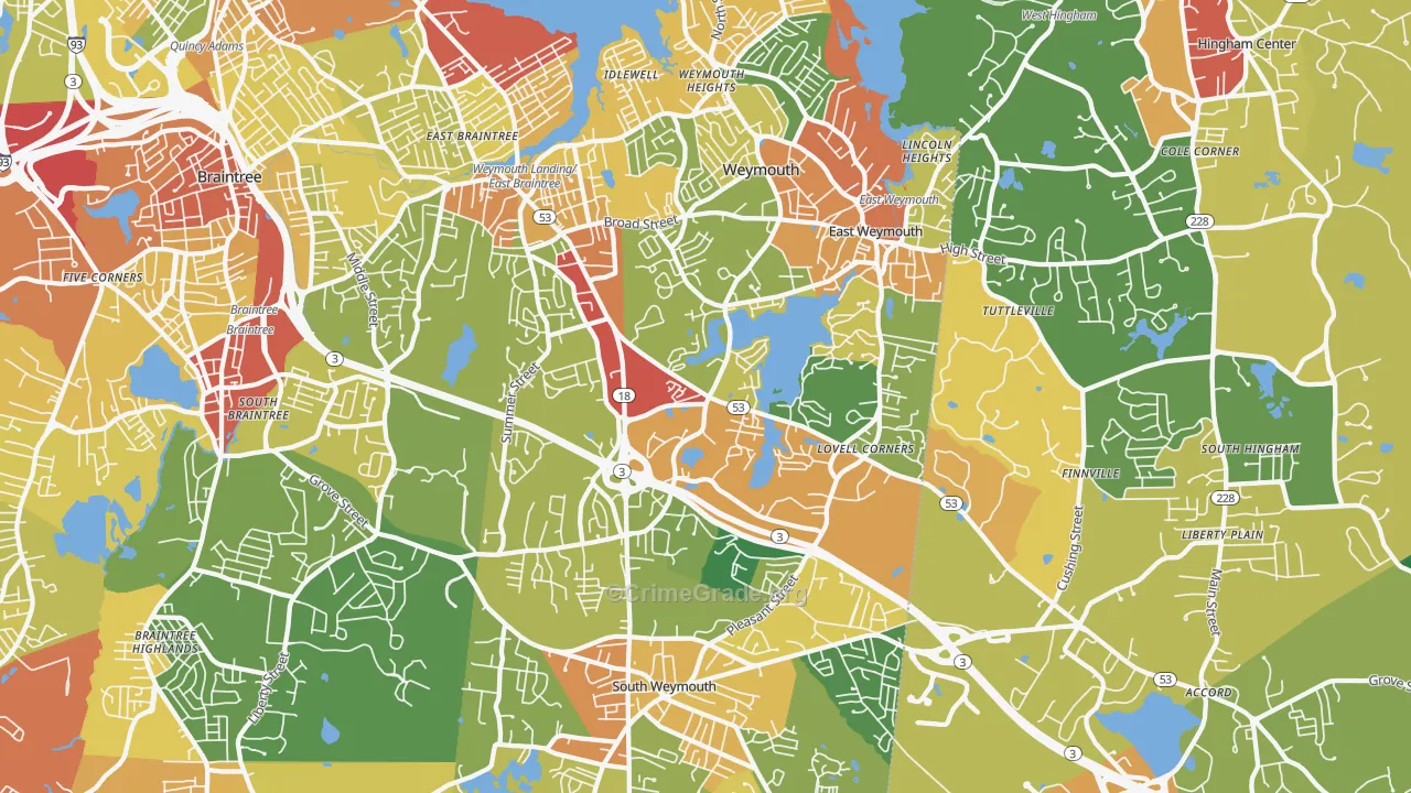 Weymouth Town, MA Map of Robbery Rates