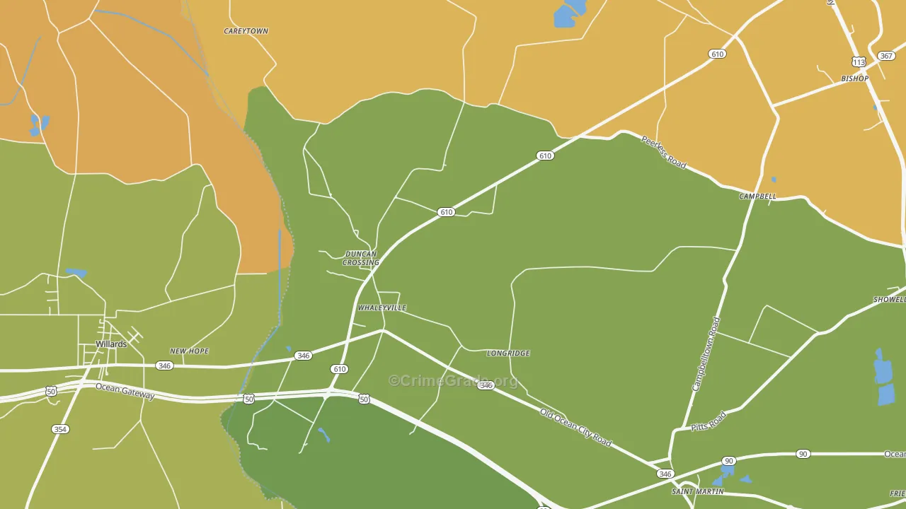 Whaleyville, MD Map of Robbery Rates
