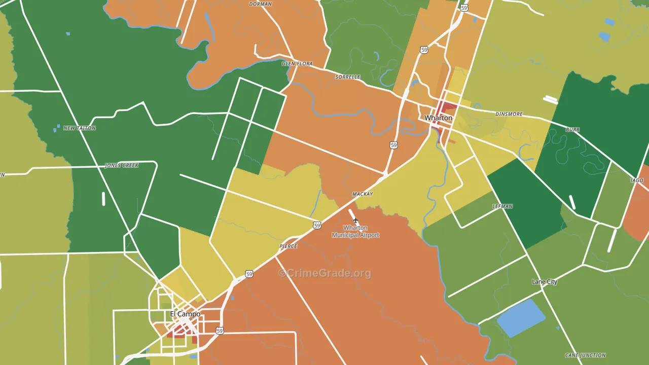 Wharton County, TX Map of Robbery Rates