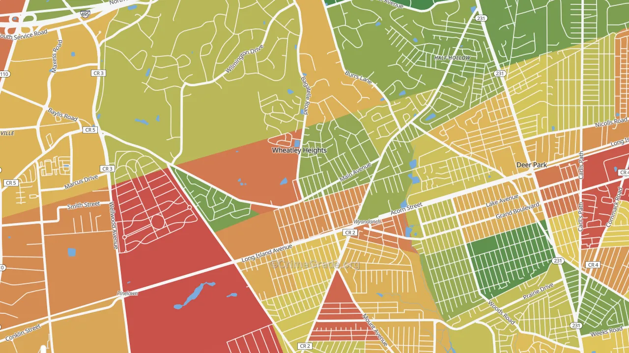 Wheatley Heights, Wyandanch, NY Map of Robbery Rates