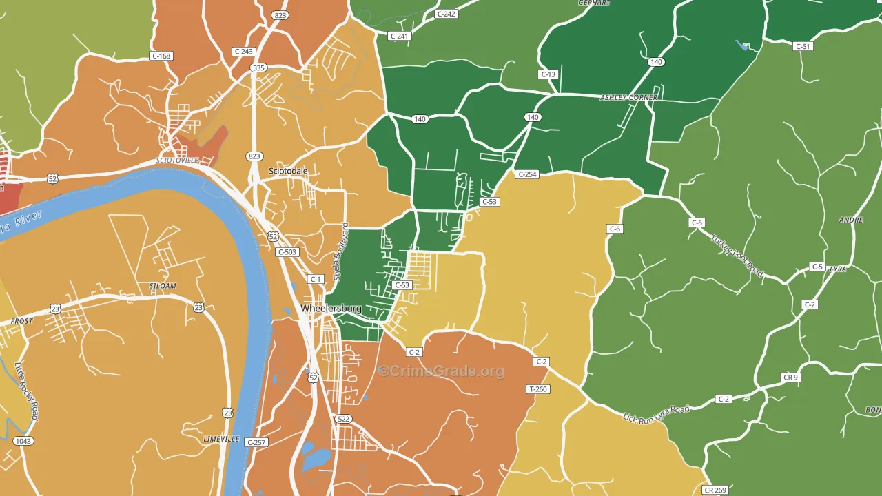 Wheelersburg, OH Map of Robbery Rates
