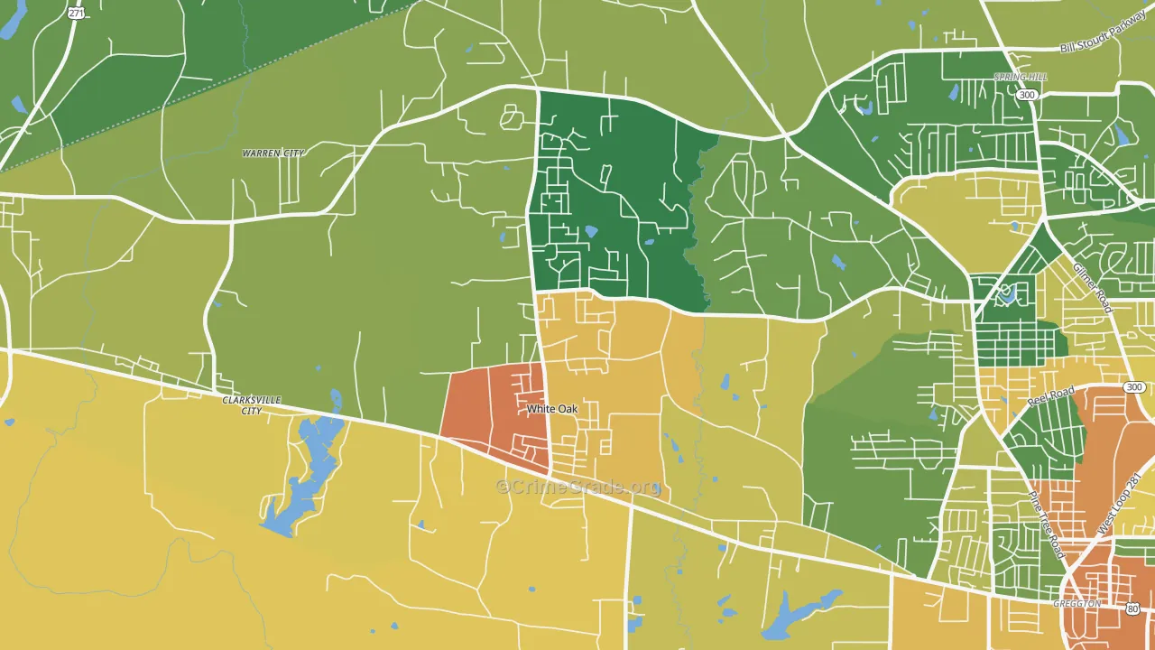White Oak, TX Map of Robbery Rates