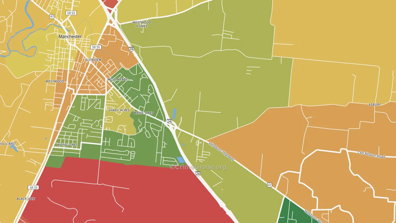 White Oaks, TN Map of Robbery Rates
