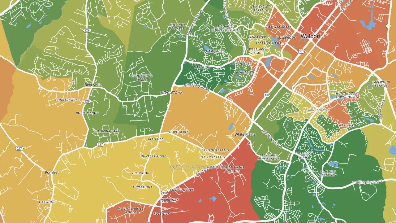 White Plains, MD Map of Robbery Rates