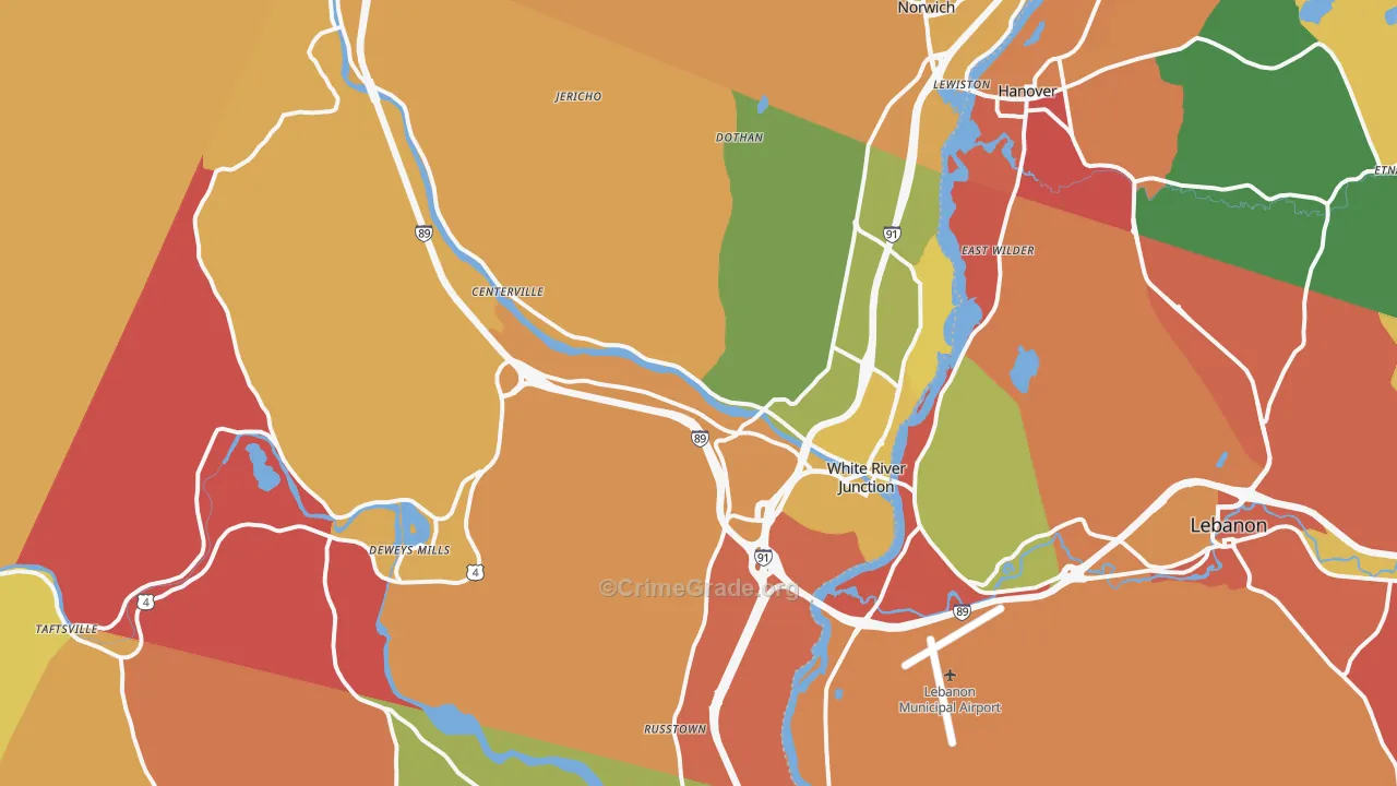 White River Junction, VT Map of Robbery Rates
