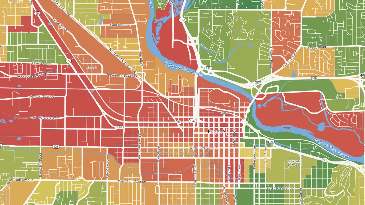 Whiteaker, Eugene, OR Map of Robbery Rates