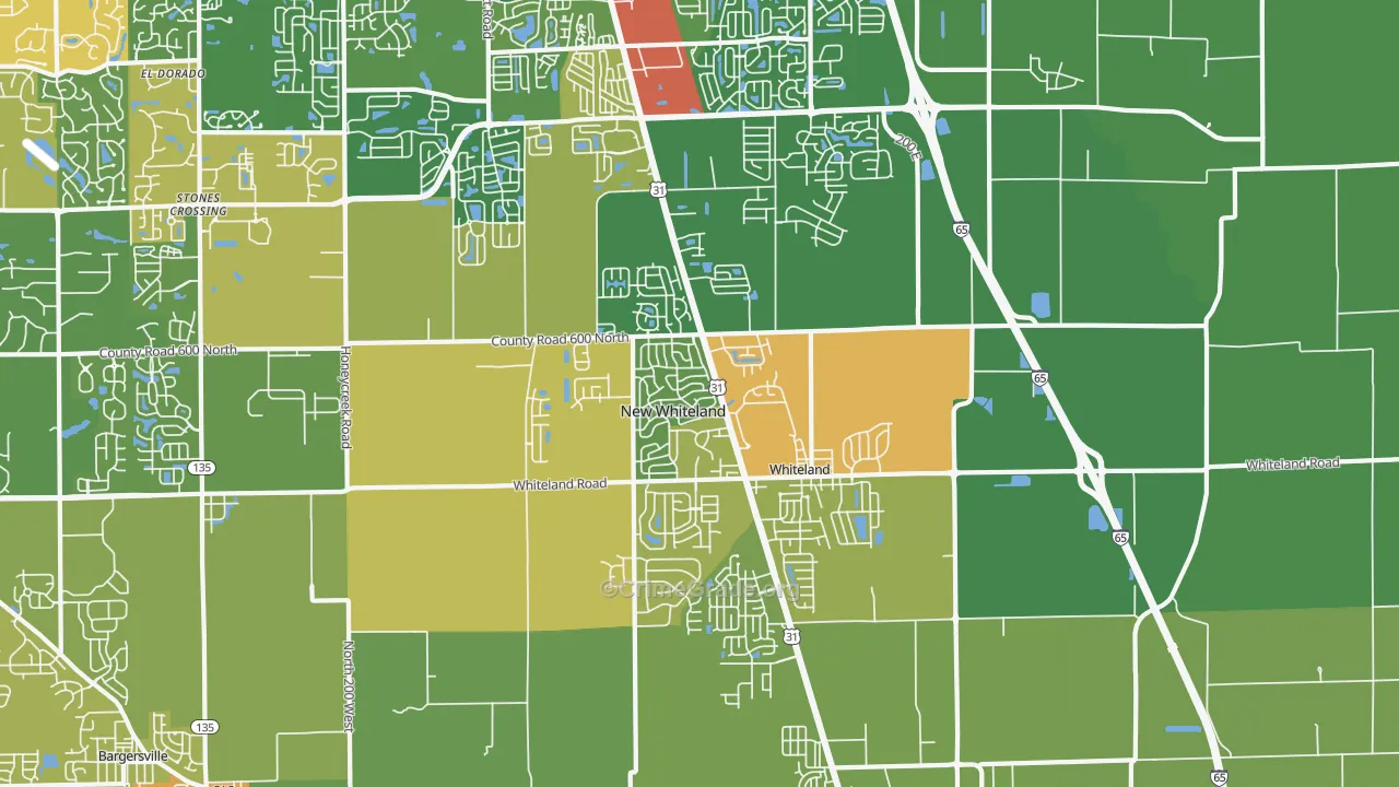 Whiteland, IN Map of Robbery Rates