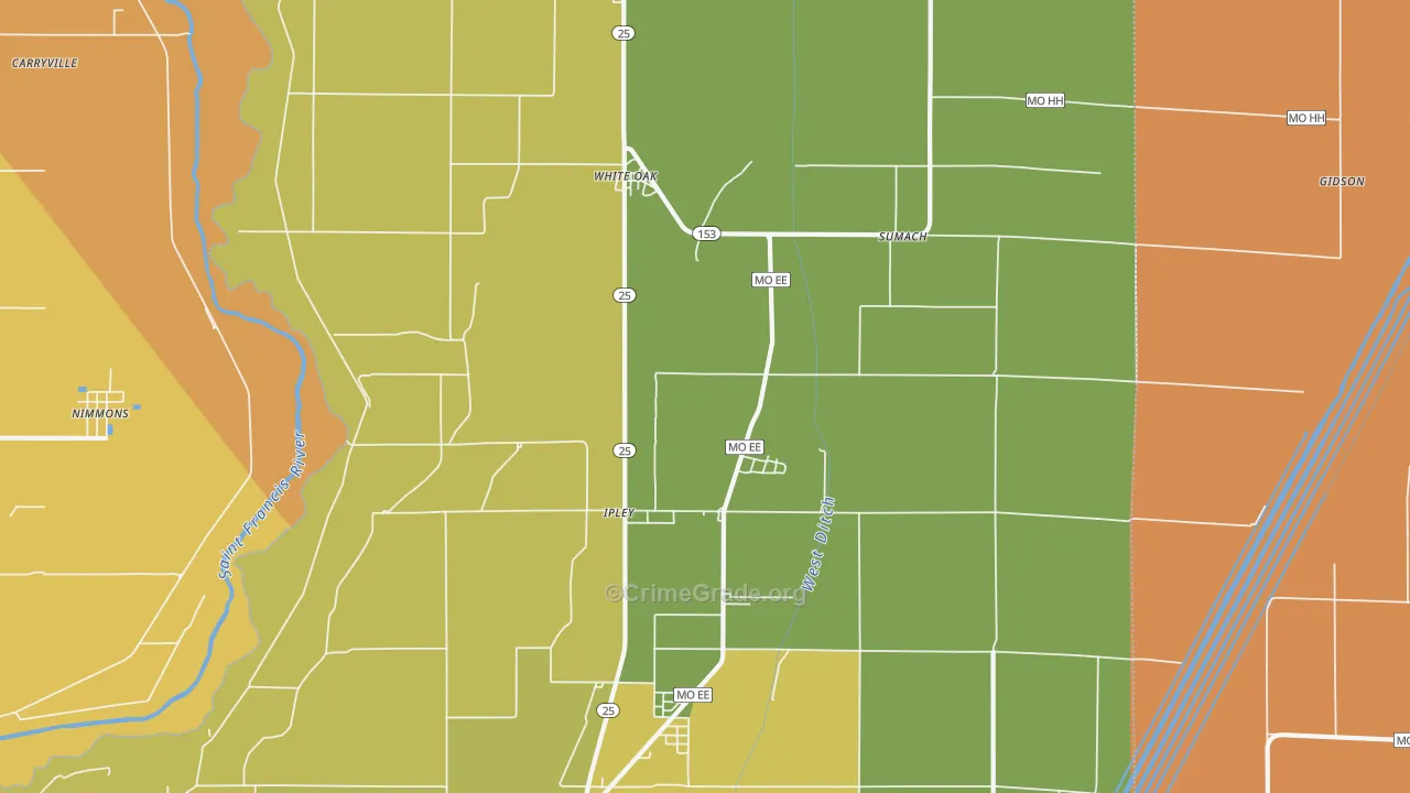 Whiteoak, MO Map of Robbery Rates