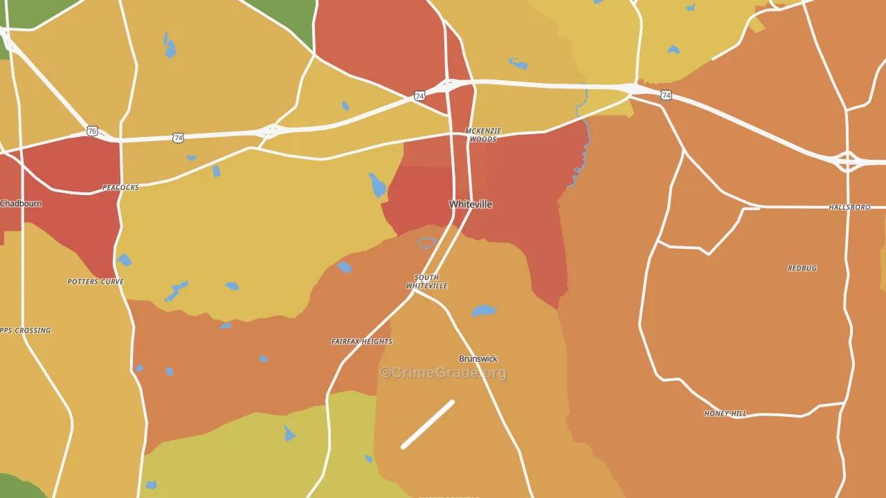 Whiteville, NC Map of Robbery Rates