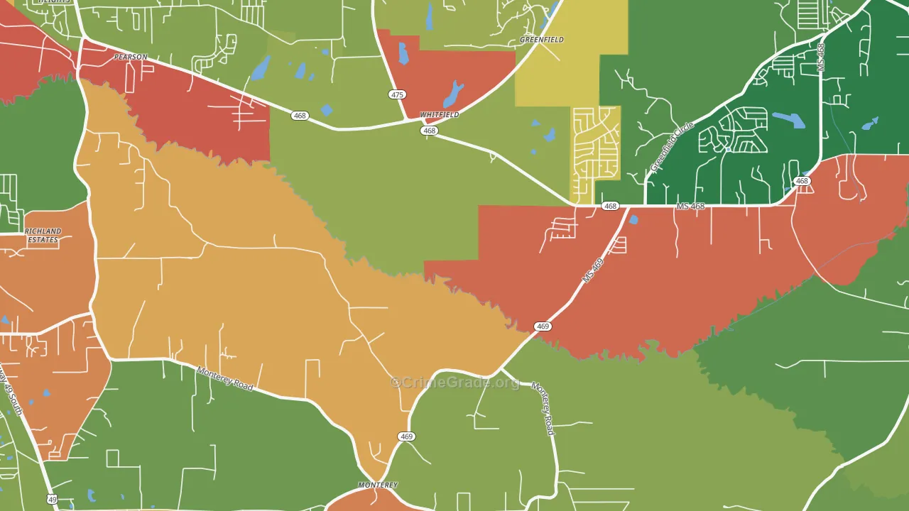 Whitfield, MS Map of Robbery Rates