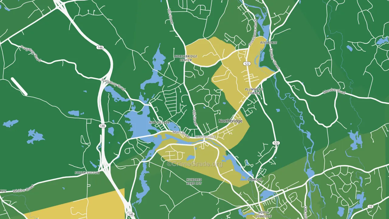 Whitinsville, MA Map of Robbery Rates