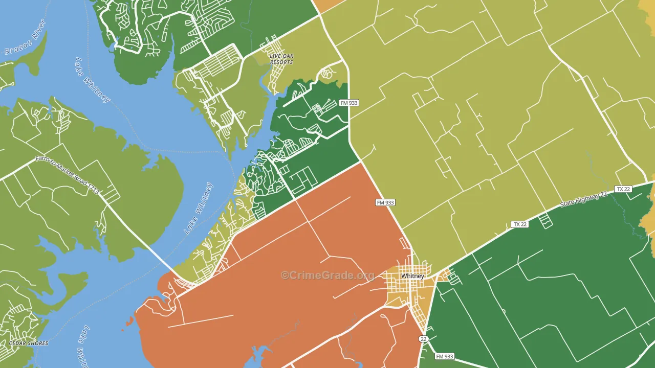 Whitney, TX Map of Robbery Rates