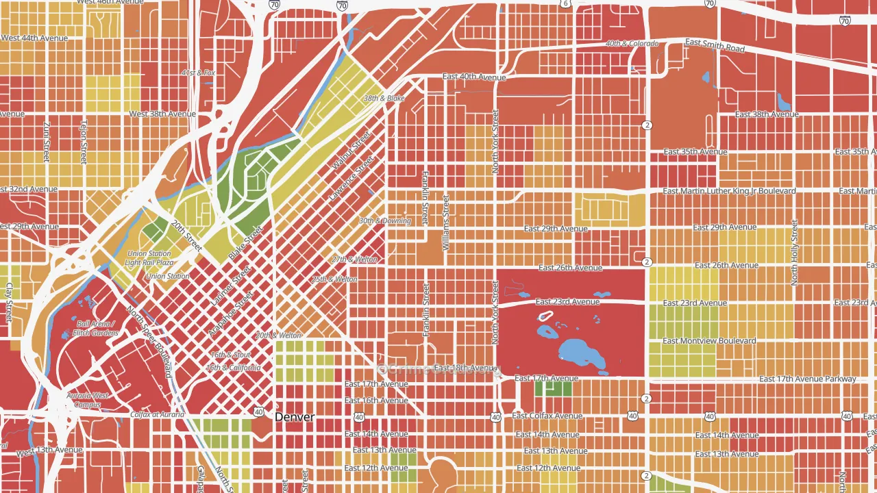 Whittier, Denver, CO Map of Robbery Rates