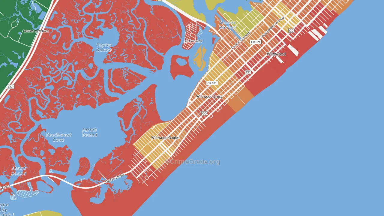Wildwood Crest, NJ Map of Robbery Rates